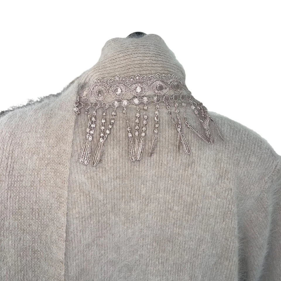 Venesha Sweater Coat Womens Angora Size Medium Vintage Beige Fringed Scarf - Image 4 of 4