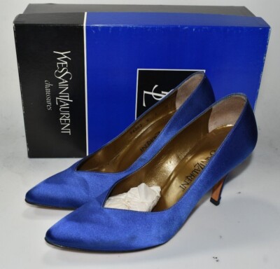 Yves Saint Laurent YSL Royal Blue Satin Heels Shoes Pumps Womens