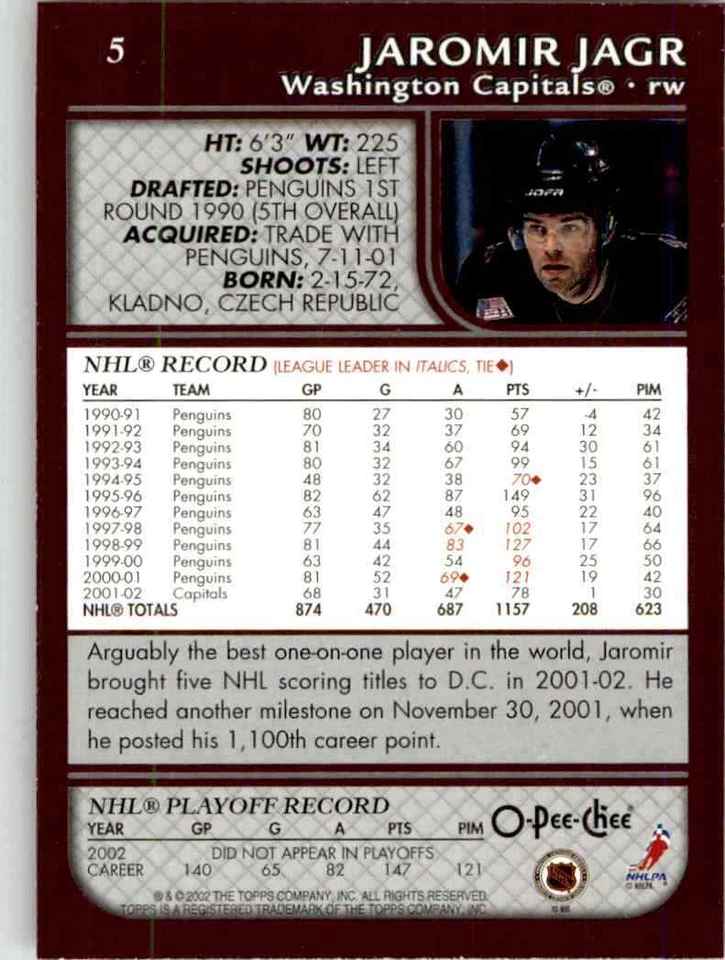 2002-03 O-Pee-Chee Jaromir Jagr #5 - Image 2 of 2