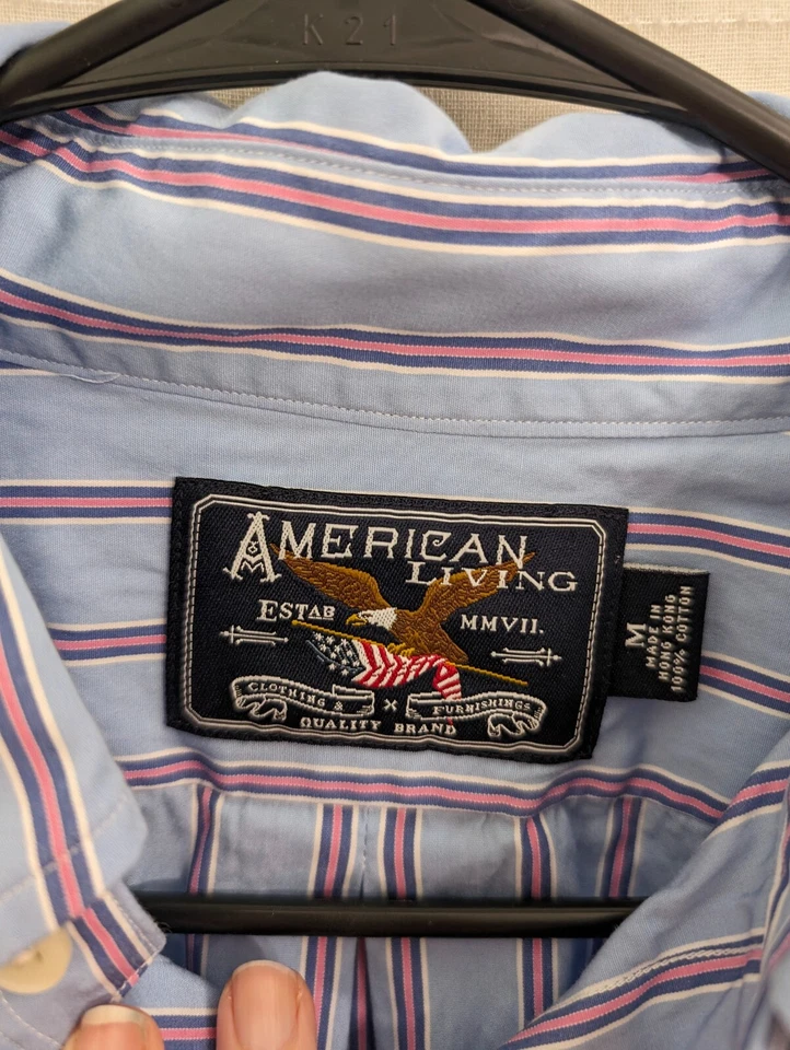 American Living Hombre M Botón Abajo Vestido Camisa Azul Rosa Rayas Mangas Largas Foto 2 de 4