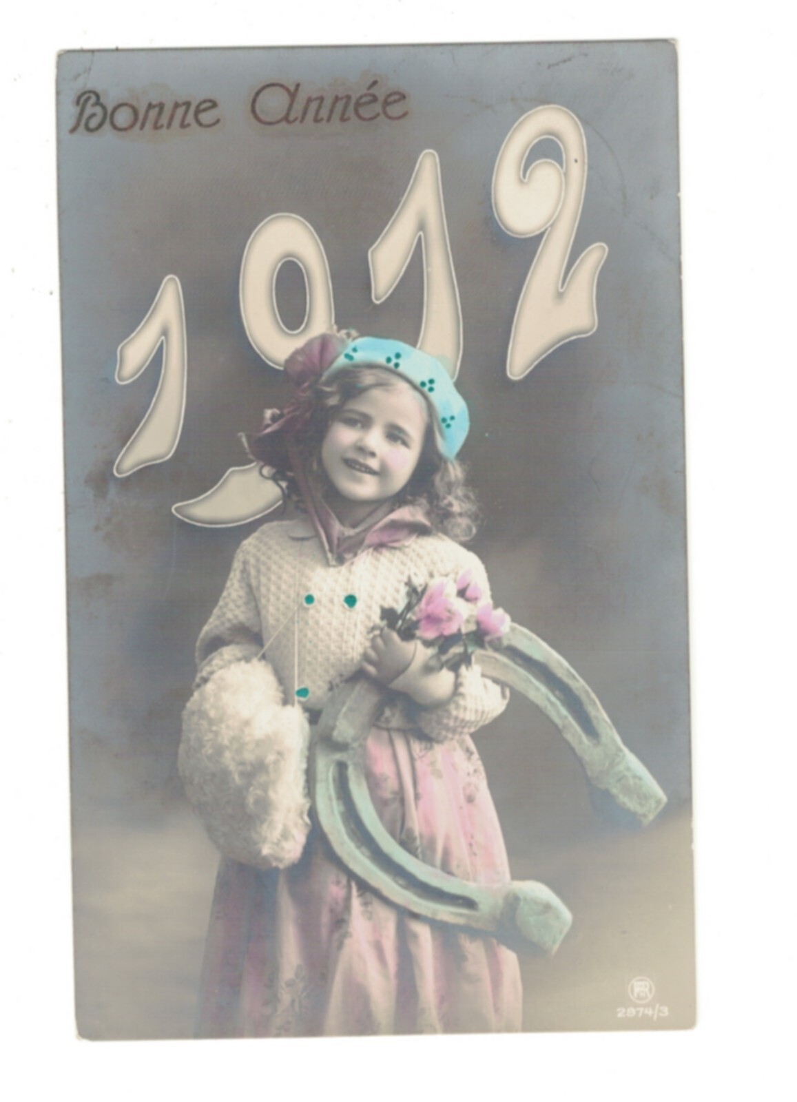 SE2272   YEARDATE 1912 VICTORIAN GIRL WITH MUFF POSING WITH HORSESHOE FANTASY