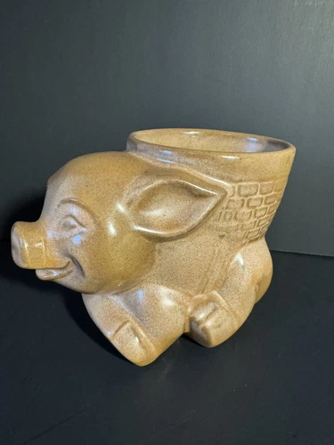 Vintage Frankoma Pottery Pig Planter #391 – Brown Glaze with Original Label