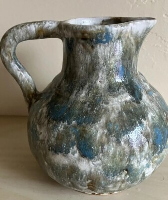 VTG Devica Portugal Pottery 5'' Rustic Pitcher Jug Green Gray Mottled Lava Glaze