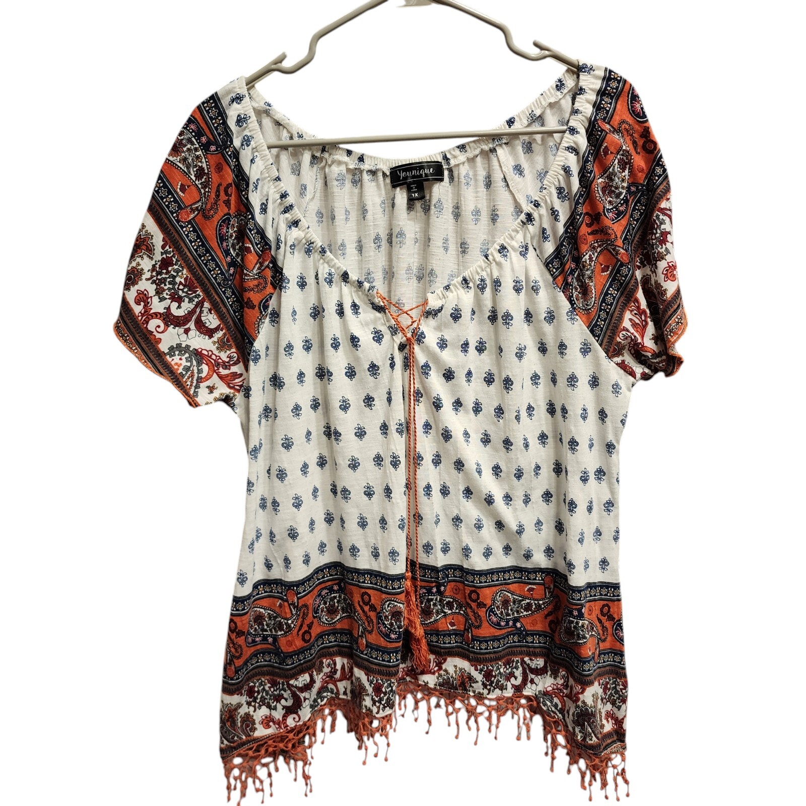 Womens Floral Paisley Red Blue Peasant Tunic Top 1X Boho Fringe Hem Hippie