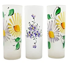Hansetta Artware Co NY Tall Tom Collins Hand Painted Flowers Frosted Glasses USA