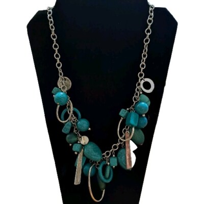 Faux Turquoise Silvertone Circle Rectangle  Necklace Western Boho Unmarked 24'' L