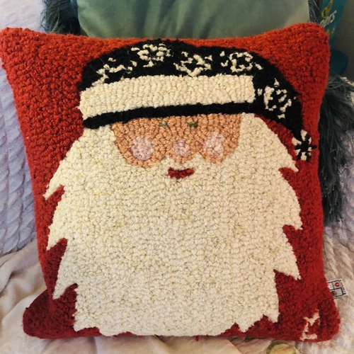 Chandler 4 Corners Santa Hooked Pillow Red Wool Laura Megroz Folk Art 16" x 16"