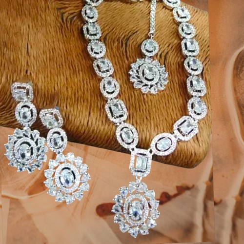 Indian Bollywood Gold Plated Choker Necklace Bridal wedding AD CZ Jewelry Set - Picture 4 of 11