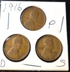 1916 P, D, S Lincoln Cent, Penny Wheat, Good Condition