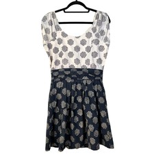 MATA TRADERS Dress Size Medium Navy Ivory Mandala Sleeveless Boho Ruched Waist