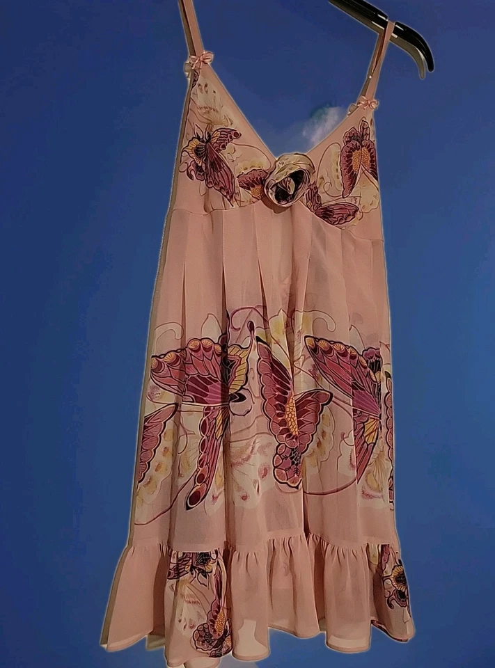 Camisola Betsy Johnson rosa chiffon borboleta babydoll, lingerie tamanho pequeno - Imagem 2 de 4