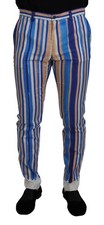 Dolce & Gabbana Blue Striped Silk Cotton Slim Trousers Men's Pants Authentic