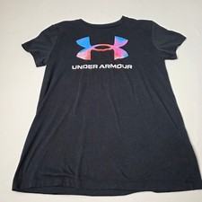 Under Armour T-Shirt Girls Small Black Graphic Logo Loose Fit Athletic Tee