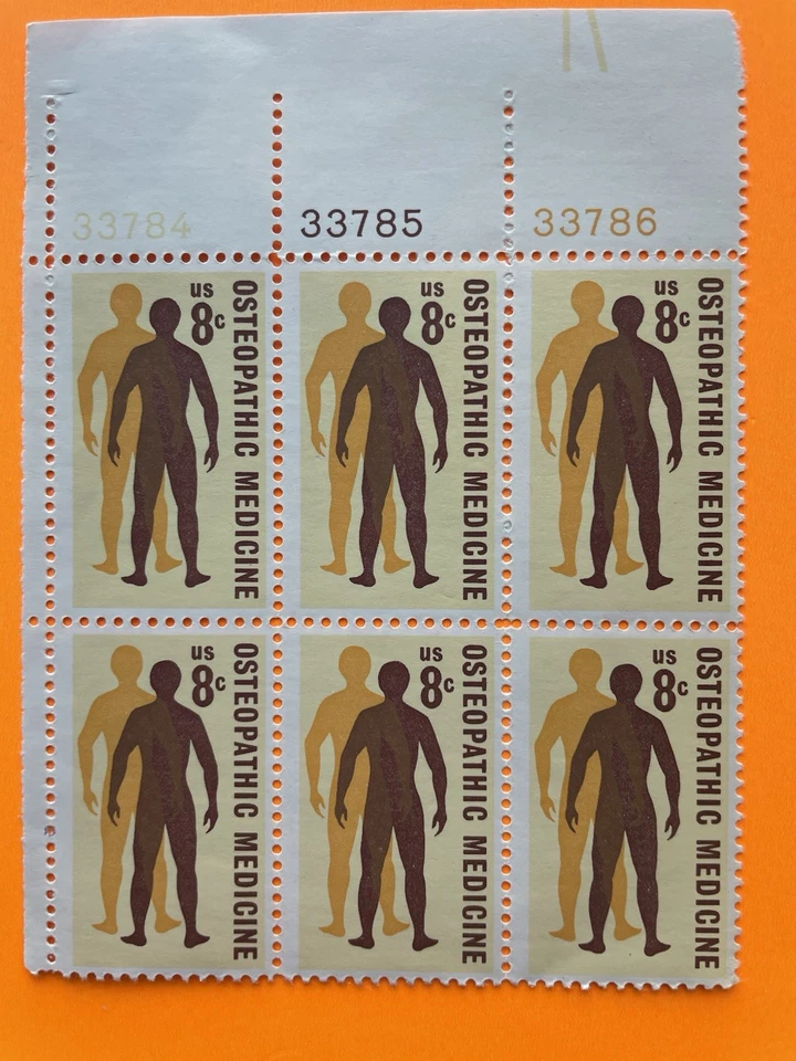 OSTEOPATHIC MEDICINE  Vintage  8 Cent 1972 stamps , block of six with  Top tabs - Image 2 of 4