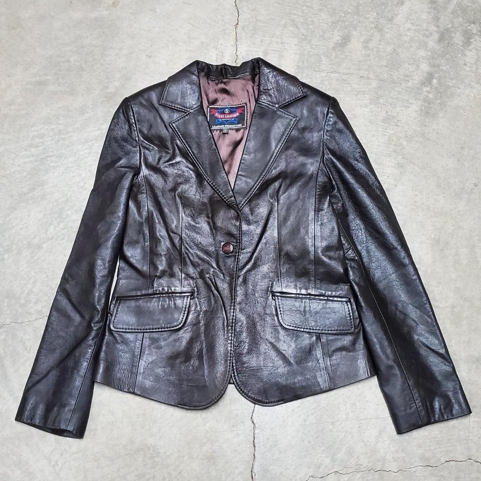 Womens Genuine Steel Leather Dark Brown Jacket/Blazer with a Classic Fit