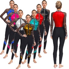 Women Bodysuit Ballet Jumpsuit Playsuit Dancewear Gymnastics Mesh Romper Sheer