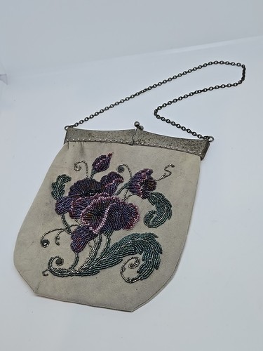 Vtg Handmade Beaded Flapper Art Deco Style Bag Purse Suede Metal Purple Flowers - Picture 20 of 22