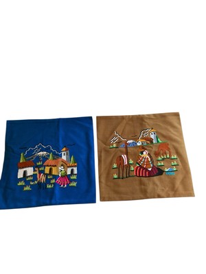 Pair Peruvian Arpillera Textile Folk Art Embroidered Tapestry Pillow Covers 16 
