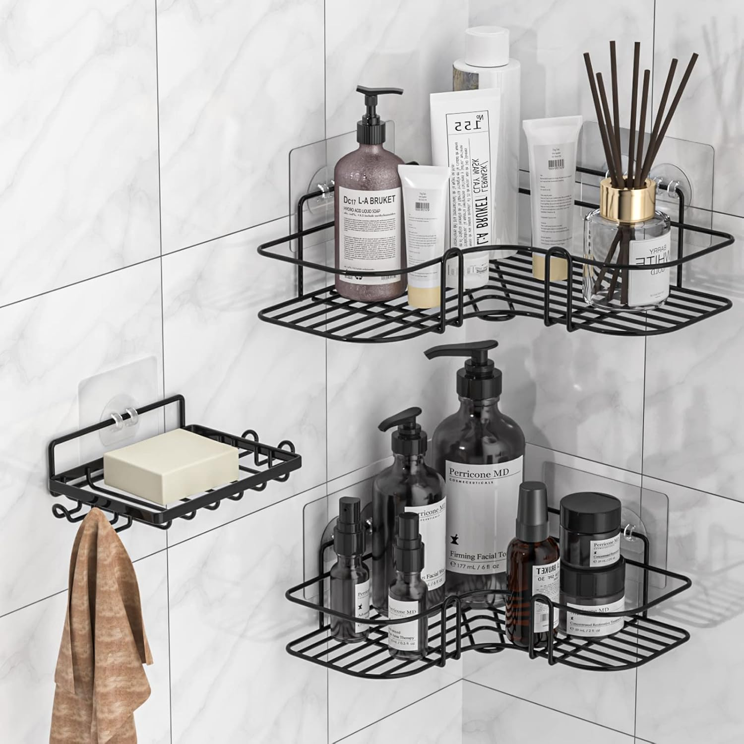 Corner Shower Caddy, 3 Pack Bathroom Shelves with Soap Razor Holder, No Drilling