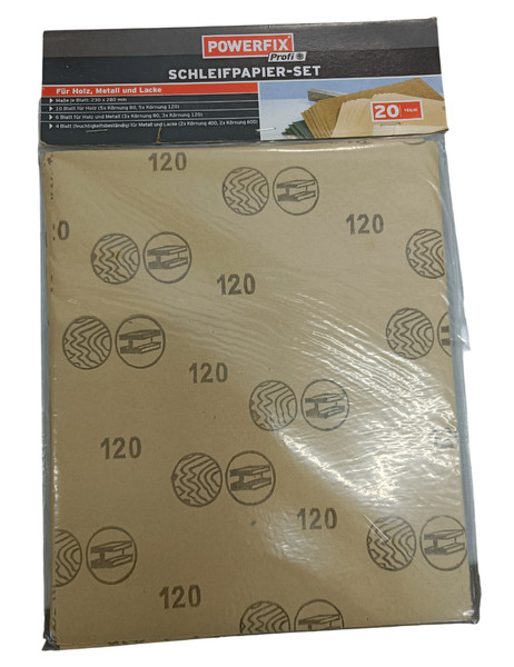 Lidl Powerfix Juego de Papel de Lija Profesional para Madera Metal y Barnices 20 Hojas EMBALAJE ORIGINAL
