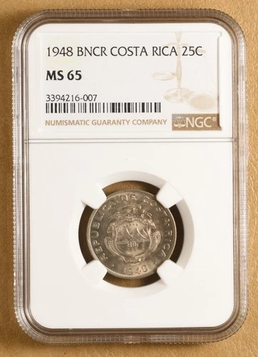 1948 BNCR Costa Rica 25 Centimos NGC MS65