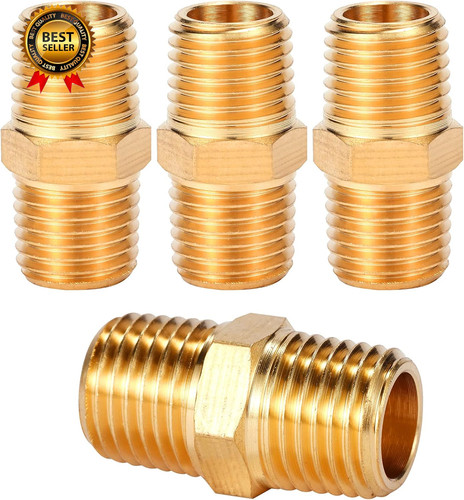 4 Pcs Solid Brass Pipe Fitting, Hex Nipple, 1/4" X 1/4" NPT Male Pipe Adapter (O