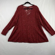 Lane Bryant Tunic Top size 26/28 Long Sleeve V-Neck Lace Relaxed Maroon Holiday
