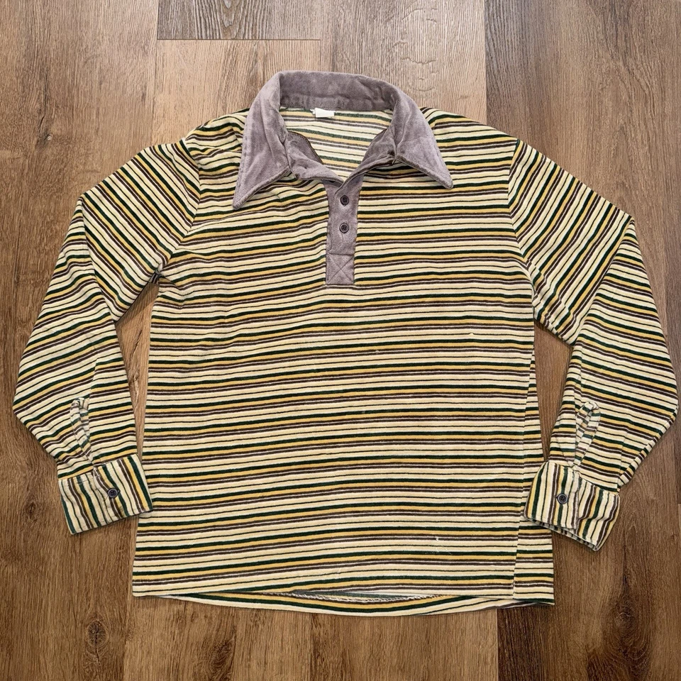 Vintage 60s 70s Velour Shirt Striped Disco Hippy Mod Surf Skate Mens Medium - Image 4 of 4