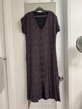 Madewell XS Black Floral Button Midi Dress V-Neck Short Cap Sleeve Pockets