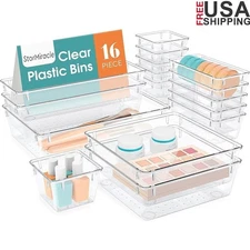 Plastic Drawer Organizer Set Non-Slip Storage Bins Stackable Home Office Kitchen