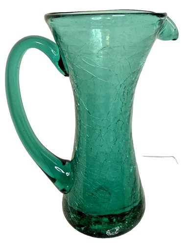 Vintage Blenko Crackle Glass Pitcher 5.5" Vibrant Teal Hand Blown Art Glass