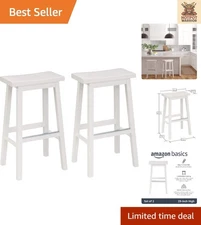 Set of 2 Solid Wood Saddle-Seat Barstools - 29-Inch White Sturdy Comfort