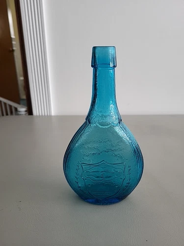 Vintage Blue Glass Bottle Union Shield & Eagle Wheaton 9”