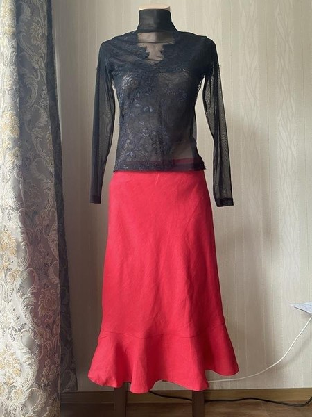 Women Laura Ashley Skirt Red Linen 38 / M / 46