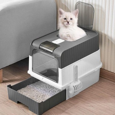 Extra große vollständig geschlossene Katzentoilette mit Kapuze Anti-Spritzer Geruchskontrolle Tablett