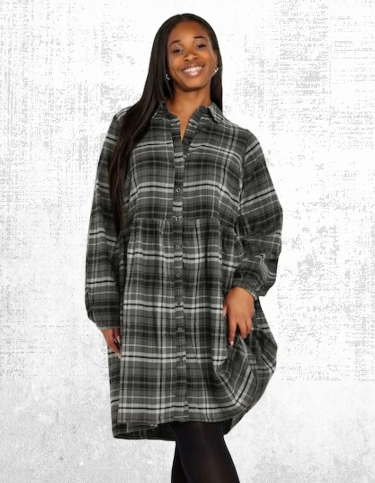 Vestido camisero de algodón a cuadros mini manga larga para mujer Ex en gris Foto 2 de 4