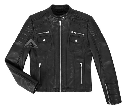 Women's Quilted Fashion Biker Zipper Closure Motorcycle Lambskin Leather Jacket - Picture 15 of 28