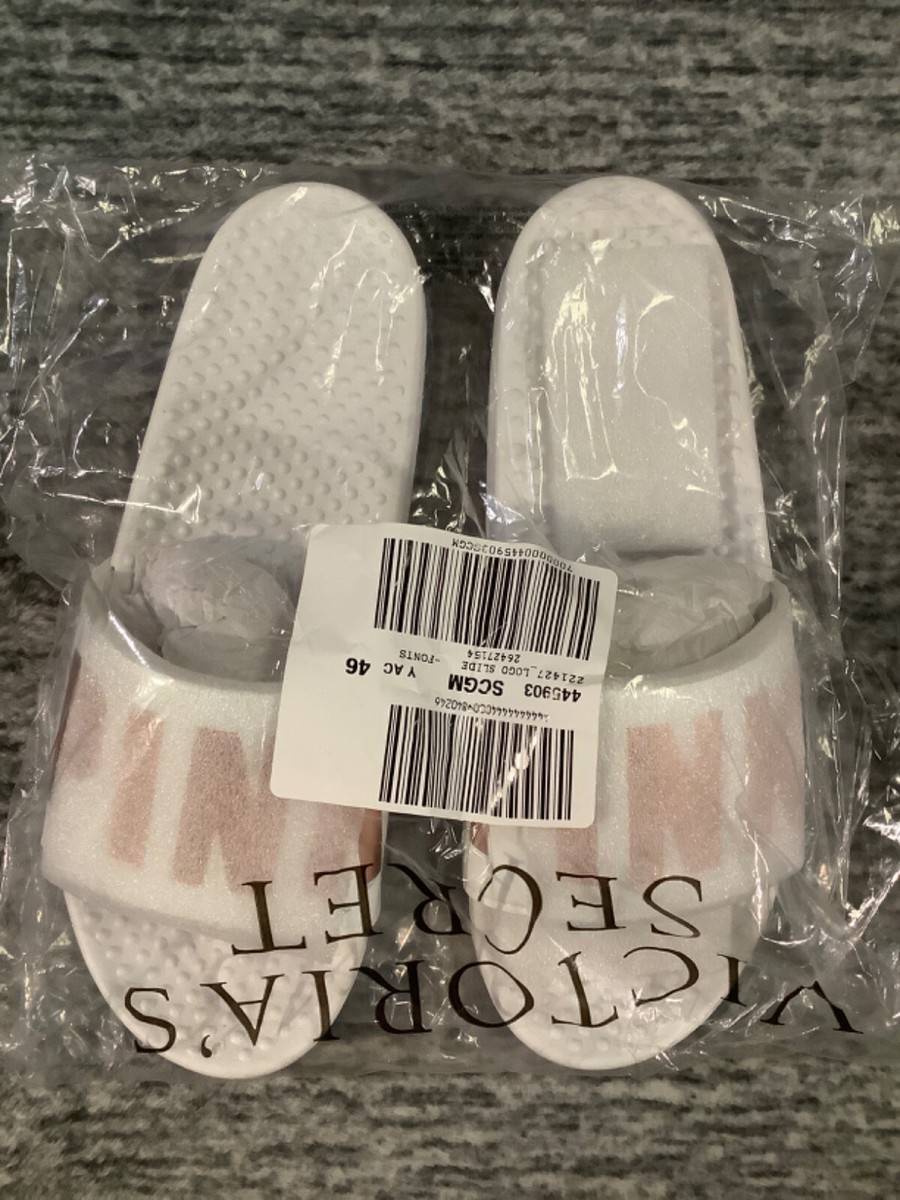 国内発送★VS PINK♥可愛い♪ロゴテリー スライドサンダル Victoria's Secret Pink Logo Strap Slides Sandals White Rose