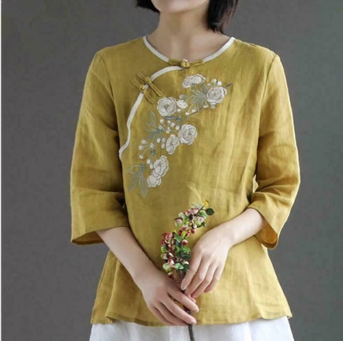 Women's Cotton and Linen Retro Embroidery Diagonal Button Loose Blouse T-Shirt - Picture 13 of 20