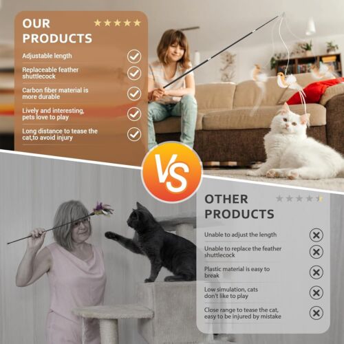 2 Pack Long Cat Wand Toys - 107cm with 2 Birds & 3 Feathers for Kittens - Bild 6 von 26