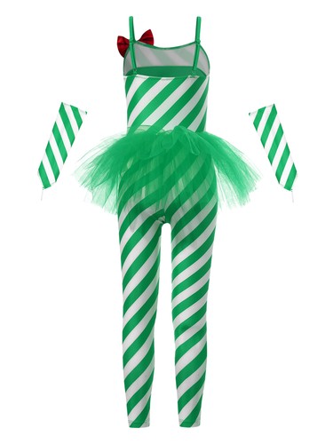 Kids Girls Christmas Dance Costume Sequins Candy Cane Striped One Piece Jumpsuit - Picture 38 of 93