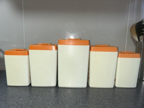 NYLEX KITCHEN CANISTERS SET OF 5 WHITE ORANGE FLOWERS MADE IN AUSTRALIA VINTAGE - Picture 8 of 19