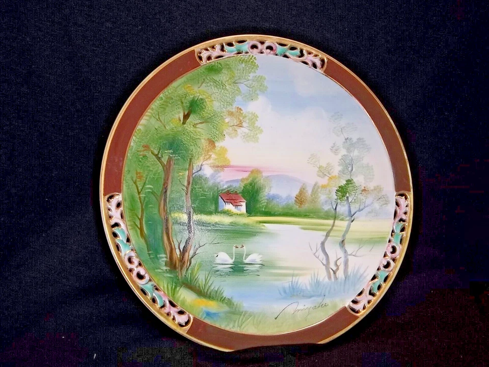 UCACGO JAPÓN PLACA PAISAJE ESCENA PINTADO A MANO FIRMADO MIYAKE Foto 3 de 4