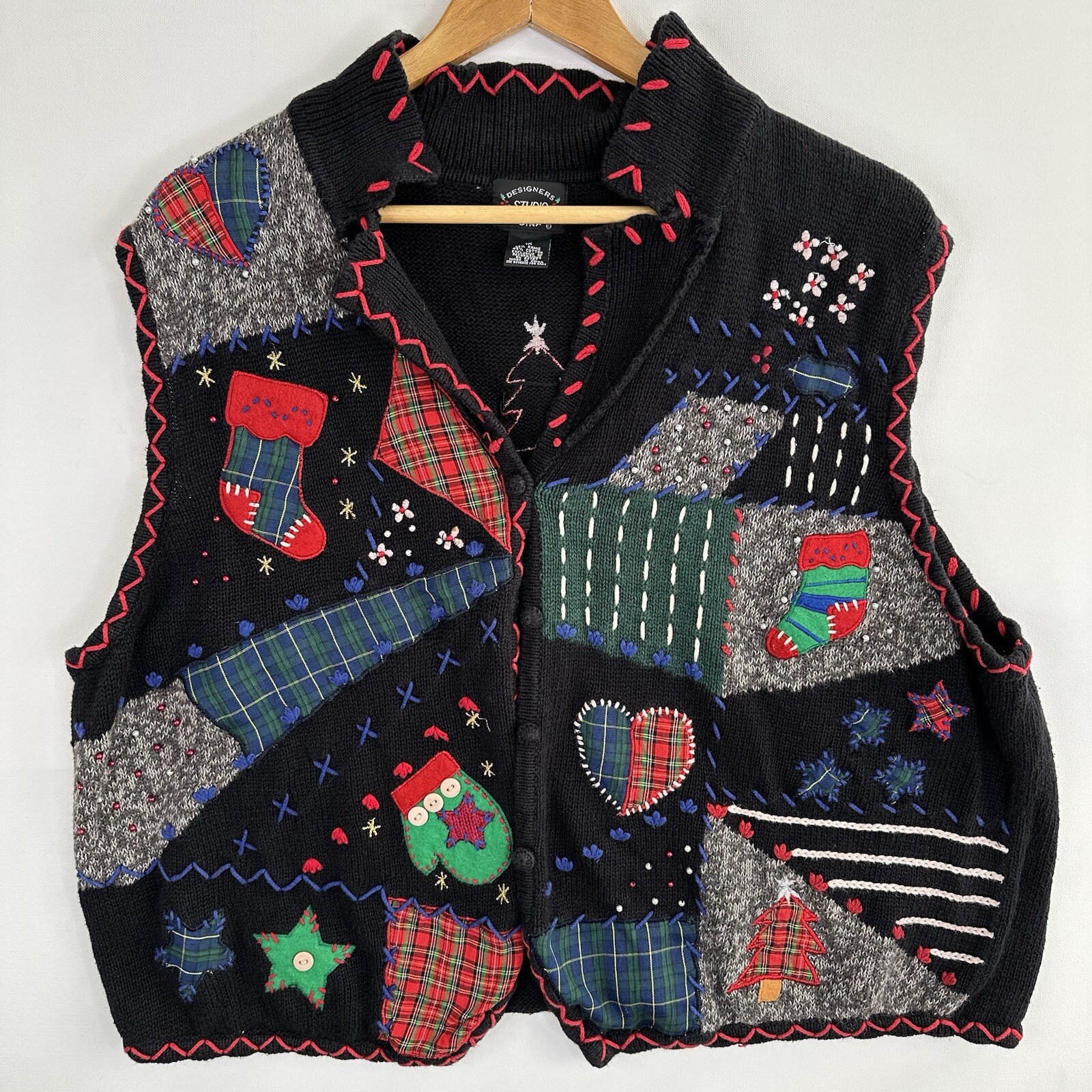 Vintage Designers Originals STUDIO Christmas Sweater Vest Stockings Patchwork 1X