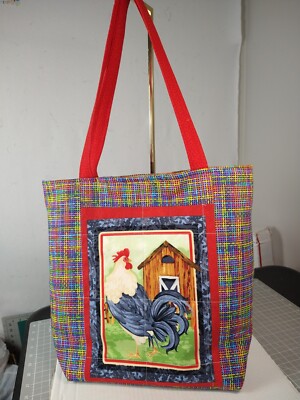  Americana Rooster Quilted Cotton Tote, Zipper & 3 pockets, Snap, 14 x 13 x4