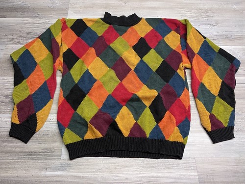 Vintage Mens Sweater Multicolor Diamond Harlequin Cosi Size S Cotton Ramie Blend