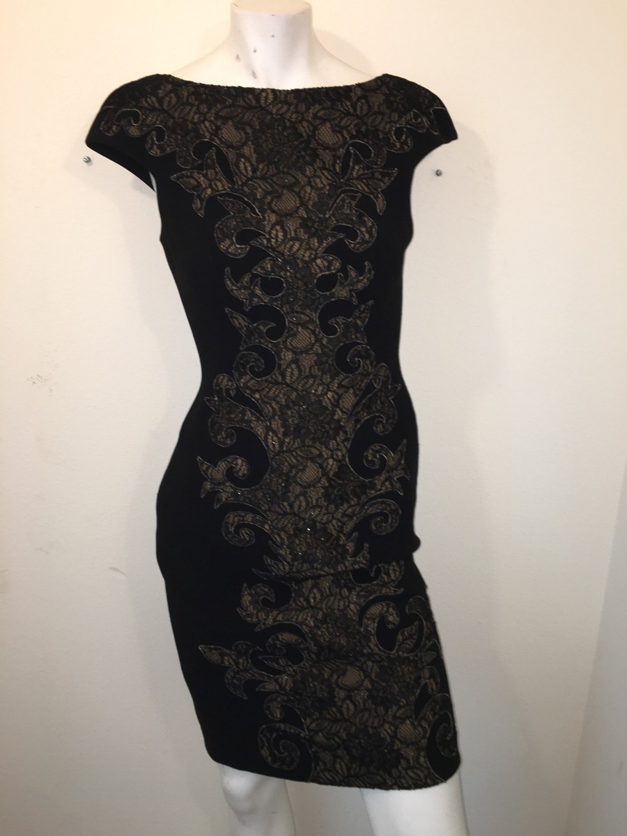 THEIA Black Dress Baroque Lace Applique Crepe Cocktail Cap Sleeve Black  Champagn
