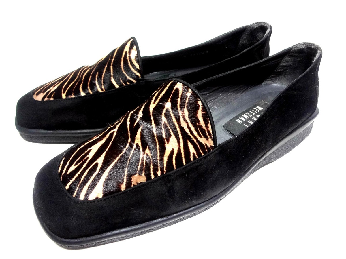 ジ*@様 shiun BLACK SUEDE MOCCASIN S STUART WEITZMAN ANIMAL PRINT BLACK SUEDE LOAFERS WOMEN'S