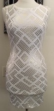 White w Gold Sequin Sleeveless Stretch Bodycon Dress Size Small S Cut Out Back