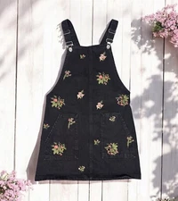 Flower Denim Overall Bib Dress Boho Fairy Cottagecore Summer Western Size US 2